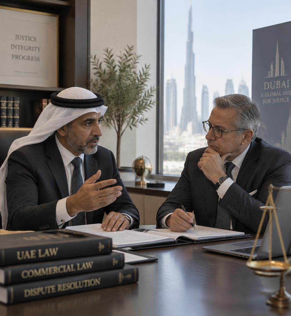 Two senior advocates in consultation at a Dubai law office