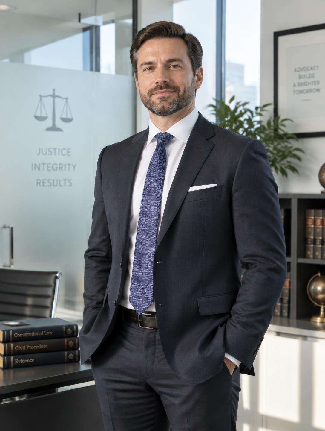 A confident AY Advocates attorney standing in a bright modern law office
